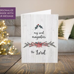 Ensemble de cartes de Noël chrétienne personnalisables personnalisées « Magnify the Lord » | Verset biblique foi religieuse joyeuse salutation Hanoucca | bois de houx