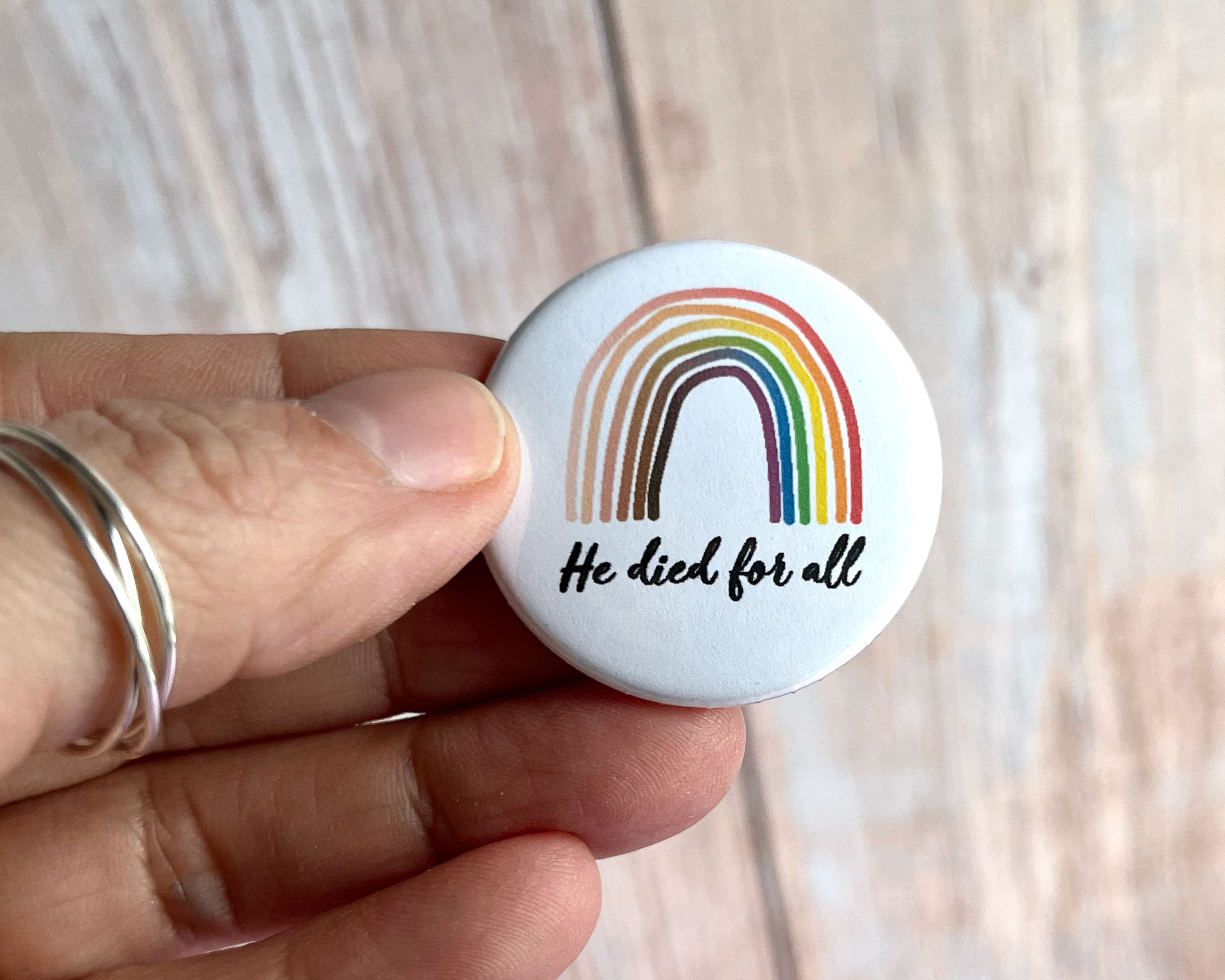 He Died Jesus Skin-tone Rainbow Sky Button, Bible Verse Christian Pin ...