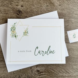 Cartões de nota de nome personalizados com ramo de oliveira e estrela de Davi dourada com envelopes autoadesivos | cartão de nota com versículo bíblico floral | presente de fé judaica na Torá