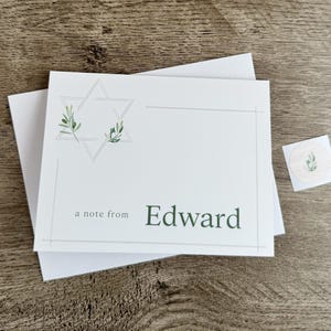 Cartões de nota de nome personalizados com ramo de oliveira e estrela de Davi de prata com envelopes autoadesivos | cartão de nota com versículo bíblico floral | presente de fé judaica na Torá