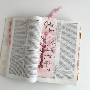 May include: A pink bookmark with a watercolor painting of a cherry blossom tree. The bookmark has the text "God's love grows within us".