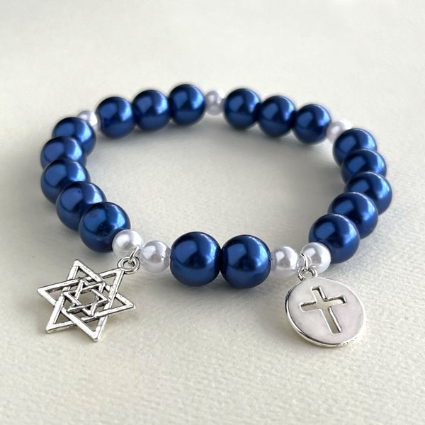 Pray for Israel beaded bracelet | silver Star of David cross charm | dark blue white glass pearl acrylic crackle prayer beads | give support