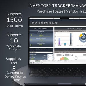 May include: A laptop computer screen displaying a dashboard with charts and graphs for inventory management. The dashboard includes sections for stock value summary, stock item overview, sales overview, and sales status ratio. The text on the screen reads "Inventory Tracker/Management", "Purchase | Sales | Vendor Tracker", and "Inventory Dashboard".