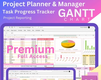 May include: A screenshot of a computer screen showing a spreadsheet program with a project planner and manager. The spreadsheet is titled "Project Planner & Manager" and includes a Gantt chart. The spreadsheet is divided into columns for project name, start date, due date, number of tasks, status, and priority. The spreadsheet also includes a pie chart showing the status of projects, a bar chart showing the number of projects by category, and a table showing the start type and description of each project.