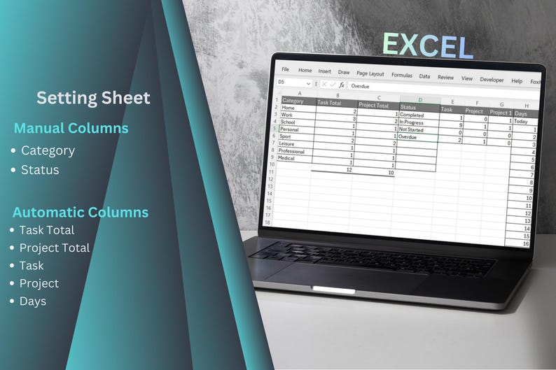 Puede incluir: Un ordenador port&aacute;til que muestra una hoja de c&aacute;lculo de Excel con datos organizados en columnas y filas. La palabra "EXCEL" es visible en la parte superior. La imagen tambi&eacute;n incluye texto que dice "Setting Sheet" y enumera "Manual Columns" y "Automatic Columns".