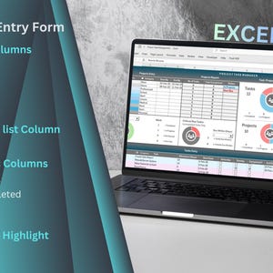 Puede incluir: Un port&aacute;til que muestra una hoja de c&aacute;lculo de Excel con datos de gesti&oacute;n de tareas del proyecto. La pantalla muestra tablas, gr&aacute;ficos y la palabra "EXCEL" en la parte superior. Un gr&aacute;fico turquesa y azul con texto sobre el formulario de entrada del proyecto est&aacute; a la izquierda.