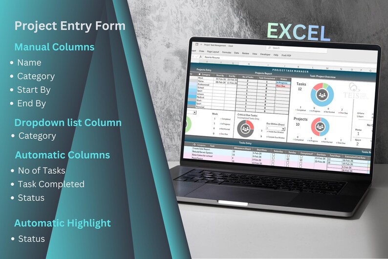 Puede incluir: Un port&aacute;til que muestra una hoja de c&aacute;lculo de Excel con datos de gesti&oacute;n de tareas del proyecto. La pantalla muestra tablas, gr&aacute;ficos y la palabra "EXCEL" en la parte superior. Un gr&aacute;fico turquesa y azul con texto sobre el formulario de entrada del proyecto est&aacute; a la izquierda.