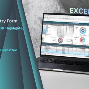 Puede incluir: Un port&aacute;til que muestra una hoja de c&aacute;lculo de Excel con un formulario de entrada de tareas. La pantalla muestra tablas de datos, gr&aacute;ficos y la palabra "EXCEL" en la parte superior. El texto de la izquierda destaca funciones como "Resaltar columnas".
