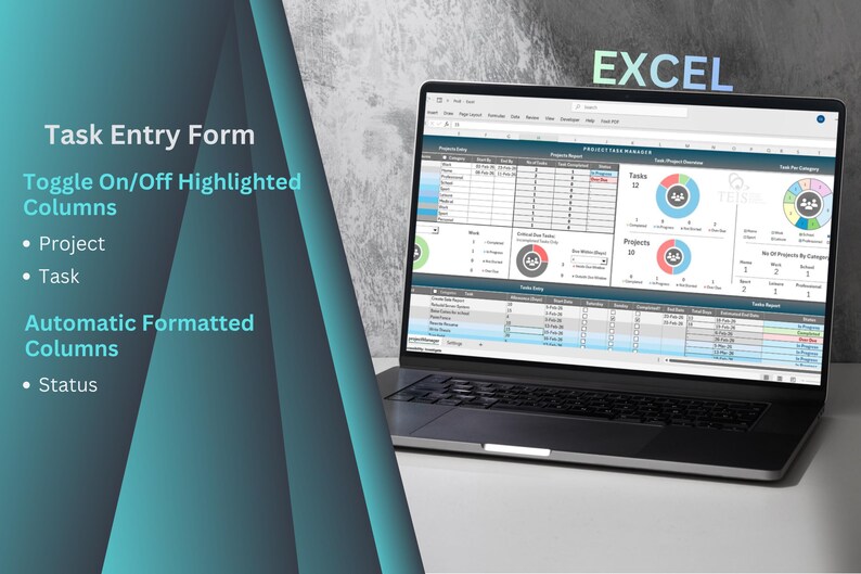 Puede incluir: Un port&aacute;til que muestra una hoja de c&aacute;lculo de Excel con un formulario de entrada de tareas. La pantalla muestra tablas de datos, gr&aacute;ficos y la palabra "EXCEL" en la parte superior. El texto de la izquierda destaca funciones como "Resaltar columnas".