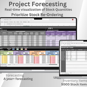 May include: Two laptops displaying a spreadsheet with data analysis. The text on the screen reads "Project Forecasting" and "Real-time visualization of Stock Quantities". Additional text includes "Forecasting A year+ forecasting" and "Inventory Items 5000 Stock Items". A gold seal and a blue ribbon are also visible.
