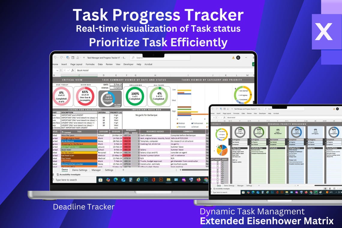 Task Manager Excel Template: Eisenhower Matrix, Progress Tracker ...