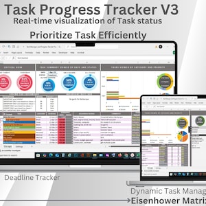 Peut inclure: Un ordinateur portable affiche un suivi de l'avancement des tâches avec une visualisation en temps réel de l'état des tâches. L'écran montre des graphiques et des tableaux de données. Le texte comprend "Task Progress Tracker V3".