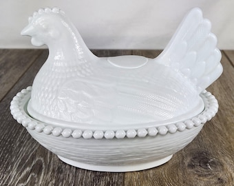 Large Indiana Style Milk Glass Hen on Beaded Nest - 7"