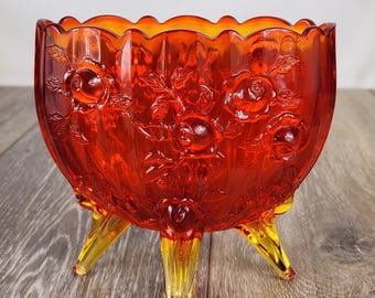 Fenton Amberina Glass Cabbage Rose Footed Planter Dish - GLOWS!