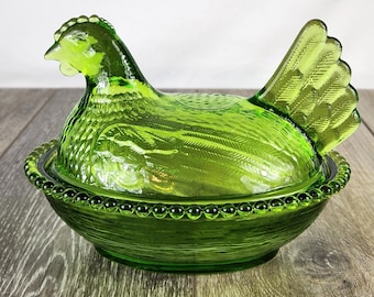 Large Indiana Style Glass Lime Hen on Beaded Nest - 7"