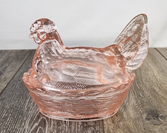 Pink Peach  Glass Hen on Woven Nest - Chicken Candy or Trinket Dish 6.5"