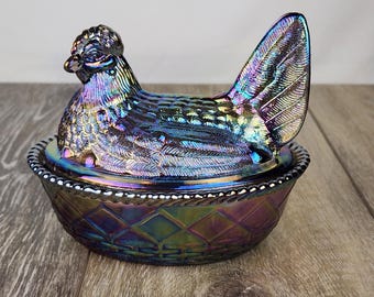 Fenton Art Glass Large Carnival Iridescent Amethyst Purple Hen on