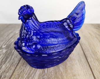 Cobalt Blue Glass Hen on Woven Nest - Chicken Candy Dish or Trinket Dish
