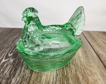 Apple Green Glass Hen on Woven Nest - Chicken Candy Dish or Trinket Dish