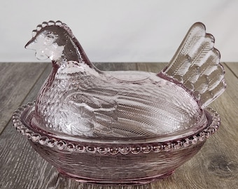 Large Indiana Style Glass Blush Pink Hen on Beaded Nest - 7"