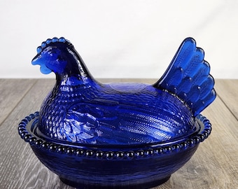 Large Indiana Style Glass Cobalt Blue Hen on Beaded Nest - 7" READ