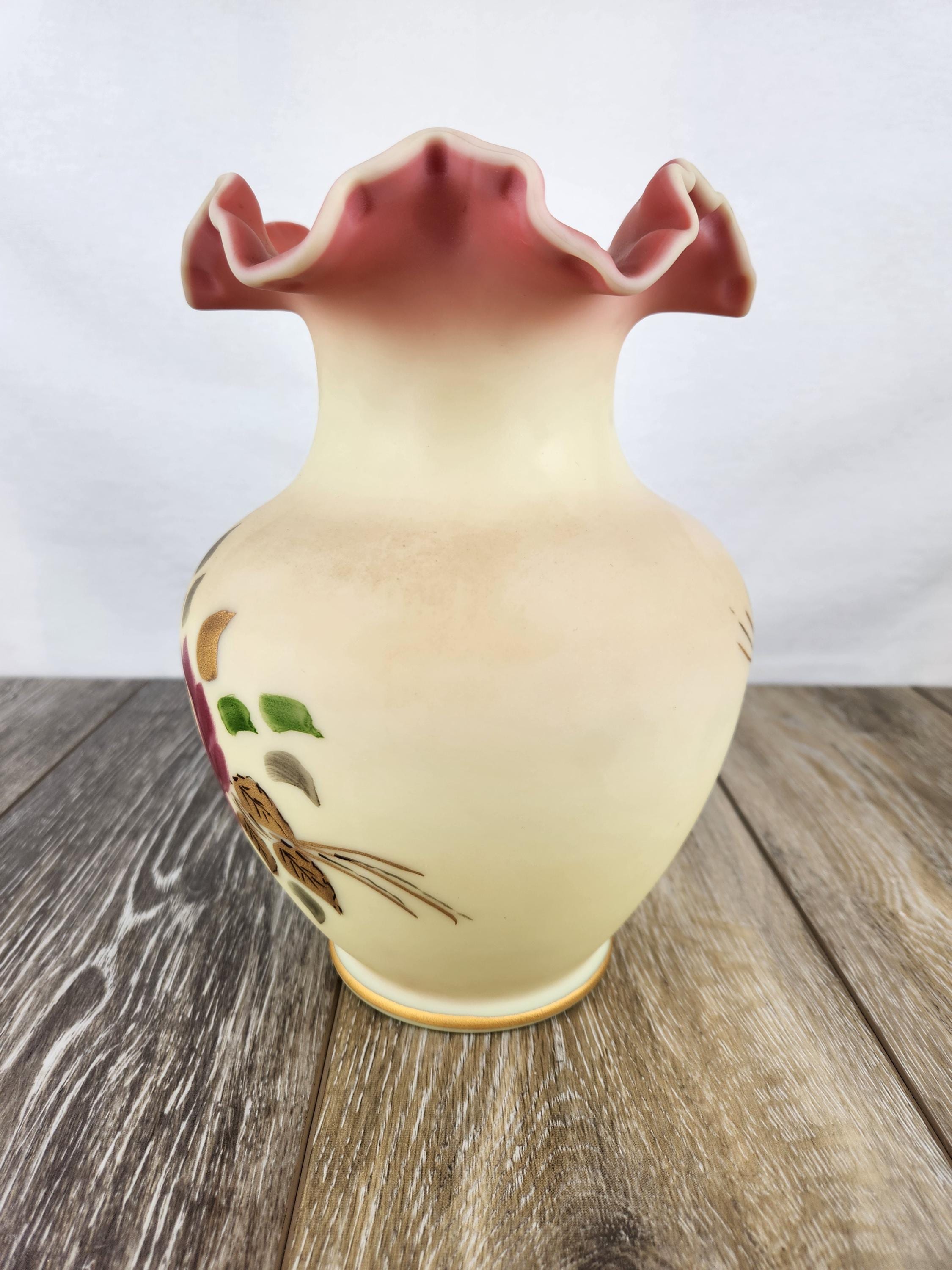 Fenton Custard Uranium Glass Burmese Satin Vase – Hand-painted by