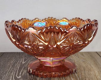 Imperial Marigold Carnival Glass Pedestal Dish - Iridescent Centerpiece Bowl