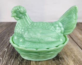 Jadeite Glass Hen on Woven Nest - Chicken Candy or Trinket Dish Green Glass