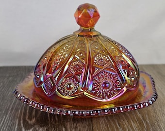 Vintage Sunset Carnival Glass Iridescent Domed Butter Dish - GLOWS!