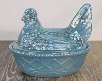 Georgia Blue Carnival Glass Hen on Woven Nest – Lidded Candy or Trinket Dish 5.5"