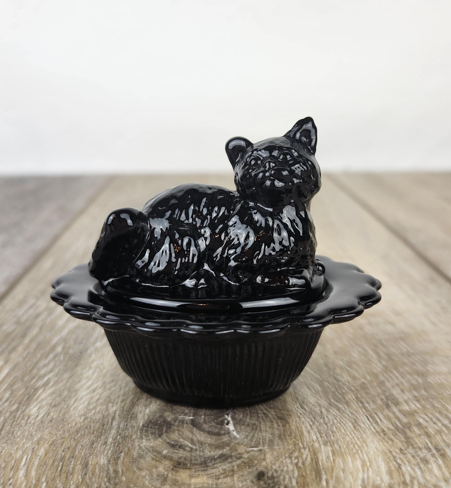 Black Glass Cat on Nest Salt Cellar With Ruffled Edge Nesting Cat