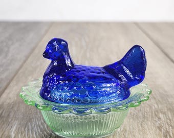 Mini Mix Matched Glass Hen on Nest- Salt Cellar Chick/ Trinket Dish