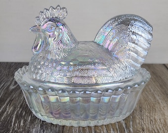 Crystal Carnival Glass Rooster on Basket – Covered Dish – 5.5”