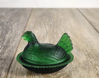 Mini Emerald Green Satin Glass Hen on Beaded Nest Salt Cellar  2.75" READ