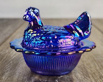 Mini Cobalt Carnival Glass Hen on Nest - Ruffled Edge Salt Cellar