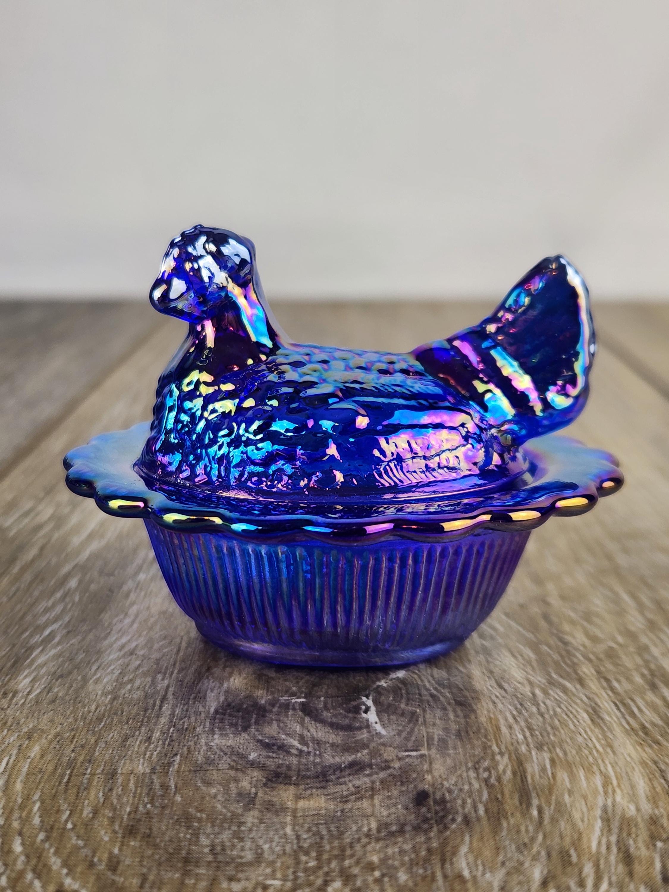 Mini Cobalt Carnival Glass Hen on Nest - Ruffled Edge Salt Cellar