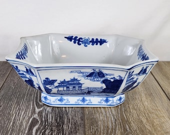 Vintage Blue & White Chinese Octagon Pagoda Chinoiserie Bowl - Asian Home Accent
