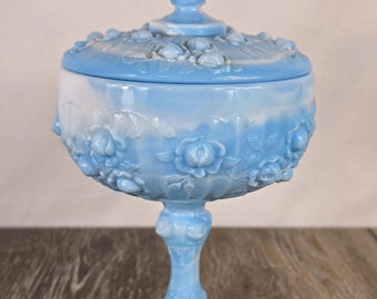 Fenton Blue Marble Slag Glass Cabbage Rose Lidded Candy Dish - READ