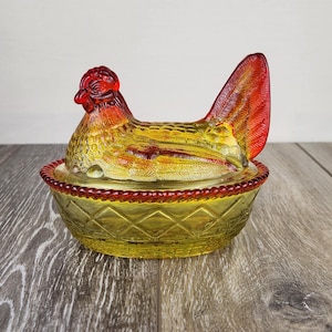 Marigold Glass Hen on Woven Nest 5.5&quot; - GLOWS!