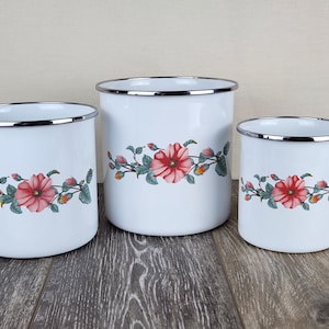 Vintage White Enamelware Canister Set with Floral Design Chrome Trim 3pc Kitchen Storage Containers