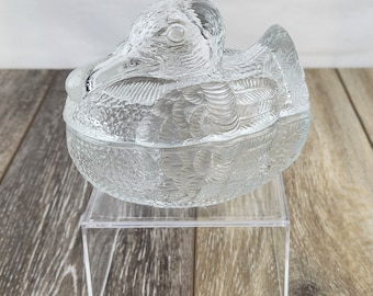 Clear Pressed Glass Duck On A Nest/Trinket/Candy Dish 5"