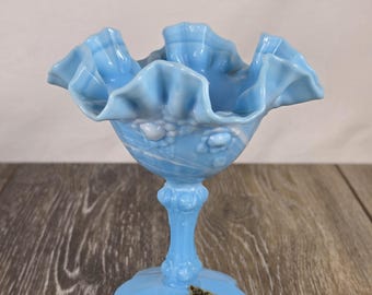 Fenton Blue Marble Slag Glass Cabbage Rose Compote Pedestal Dish