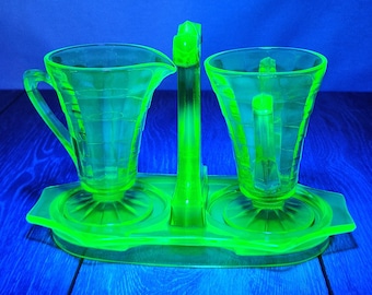 Juego de lechera y azucarero de vidrio Green Block Optic de estilo Depression Glass - LEER
