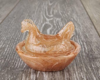 Caramel Slag Glass Mini Hen on Nest Covered Salt Cellar 2.5"