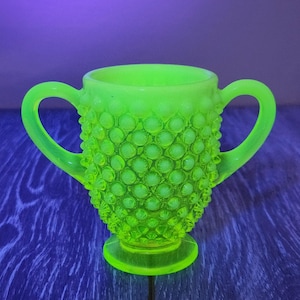 Fenton Topaz Vaseline Uranium Glass Opalescent Hobnail Double Handle Creamer Pitcher - Glows Green!