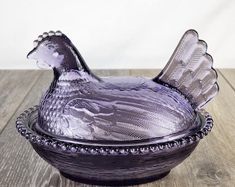 Large Indiana Style Glass Purple Amethyst Hen on Beaded Nest - 7"