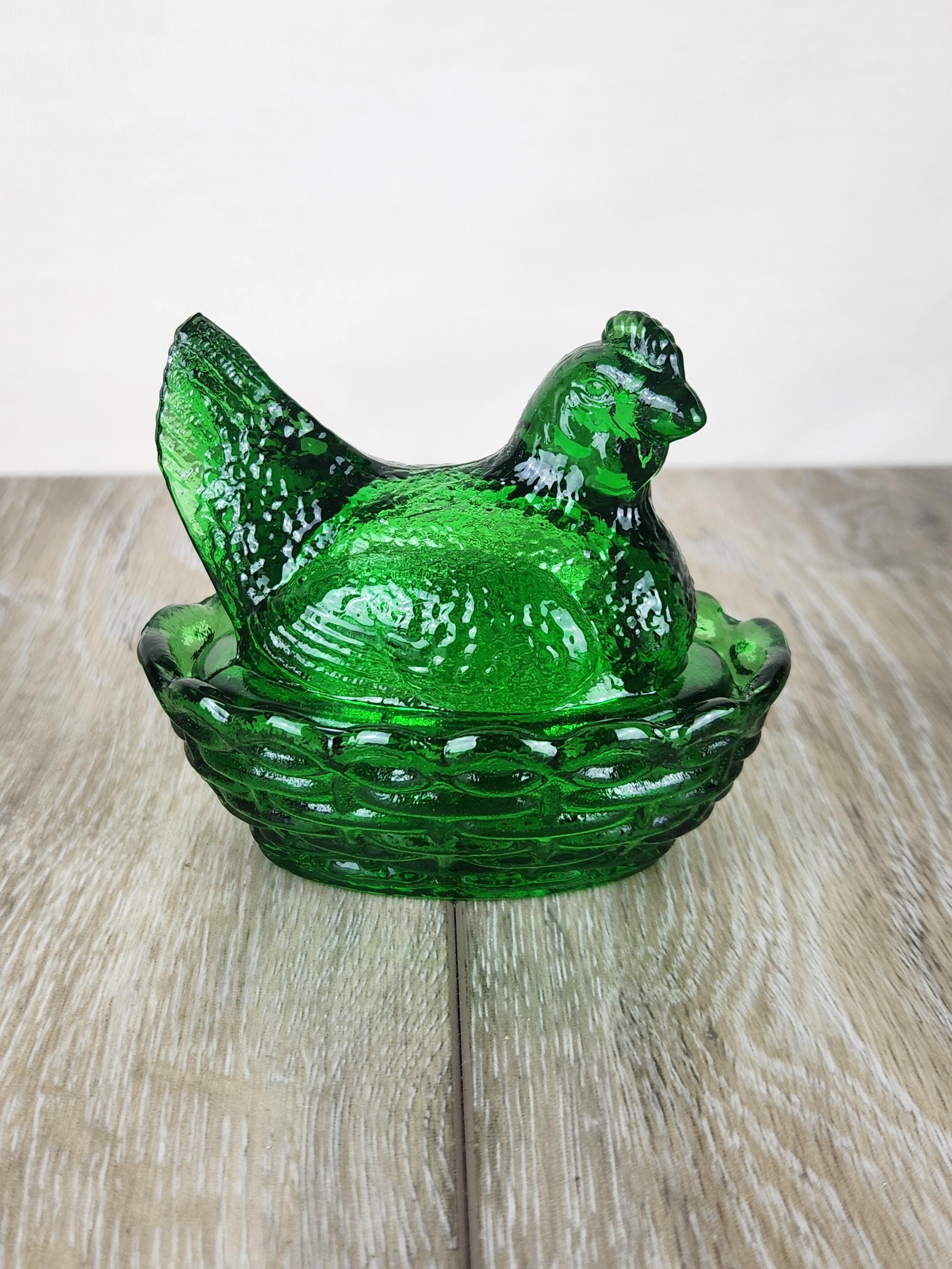 Emerald Green Glass Mini Hen on Nest Covered Candy Dish 3.5