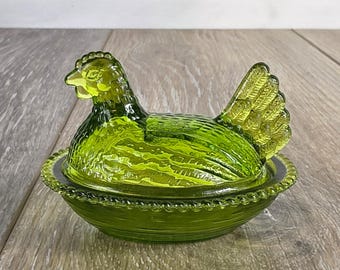 Mini Lime Glass Hen on Beaded Nest Salt Cellar  2.75" - Whimsical Home Decor