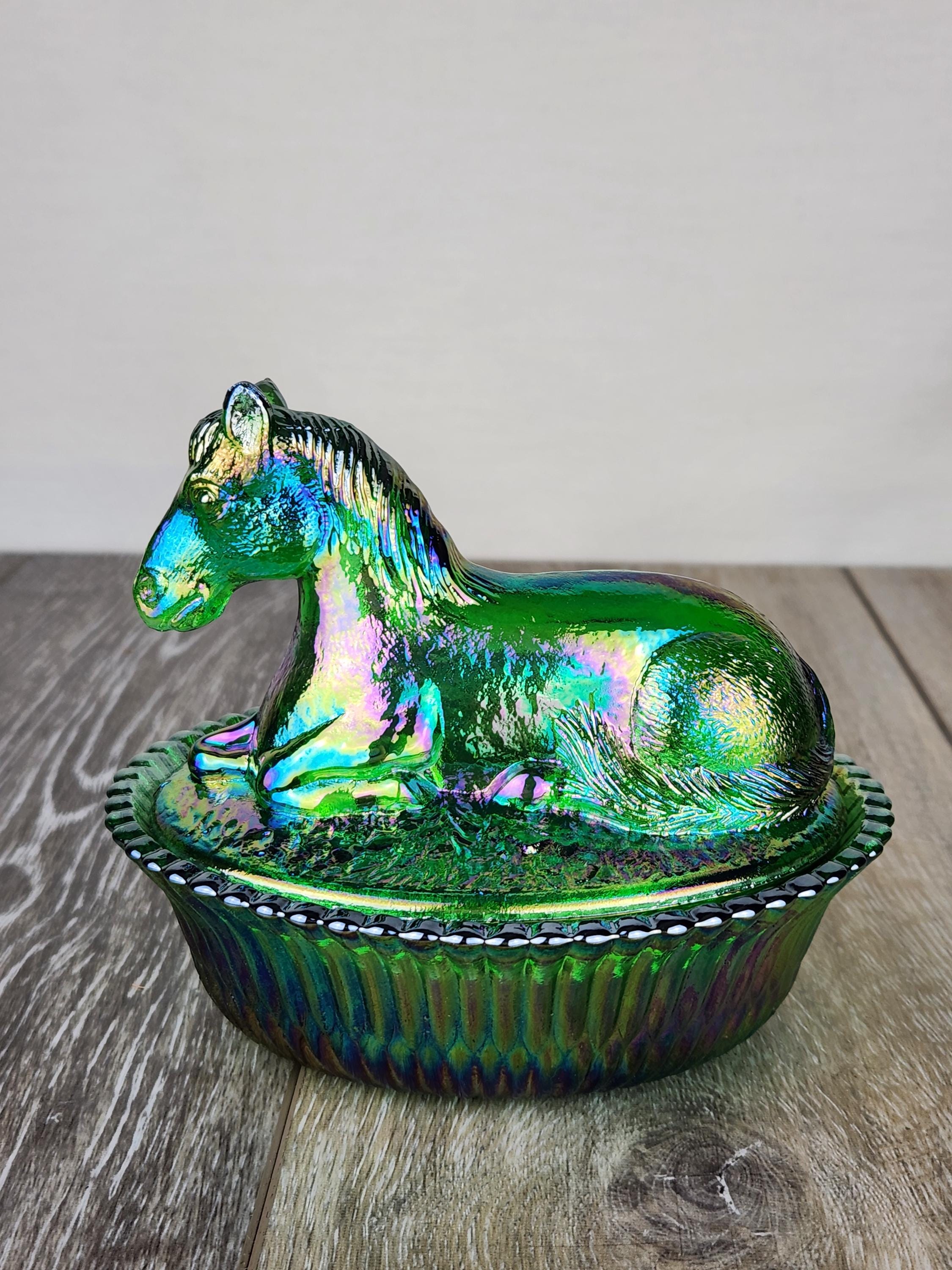 Emerald Green Carnival Glass Resting Pony Covered Trinket Candy