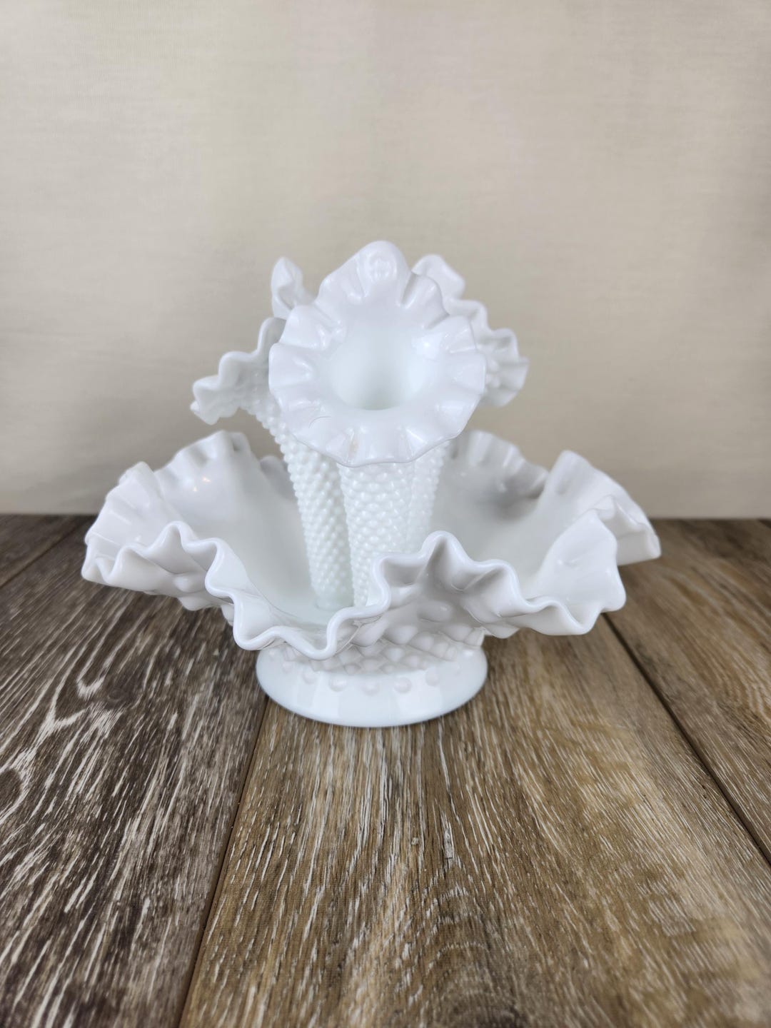 Fenton Milk Glass Epergne - Elegant White Hobnail Milk Glass 3-horn